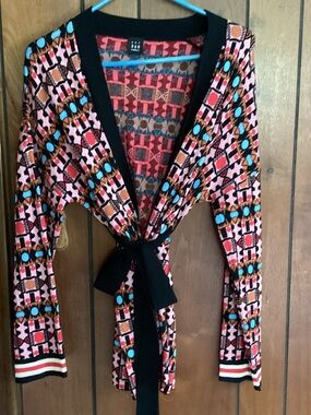 MARELLA Pink Black Orange Turquoise Patterned V-Neck Wrap Sweater